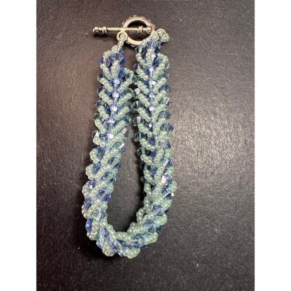 Vintage Blue & Green Crystal Beaded Chevron Braid Toggle Bracelet Y2K - Picture 3 of 15